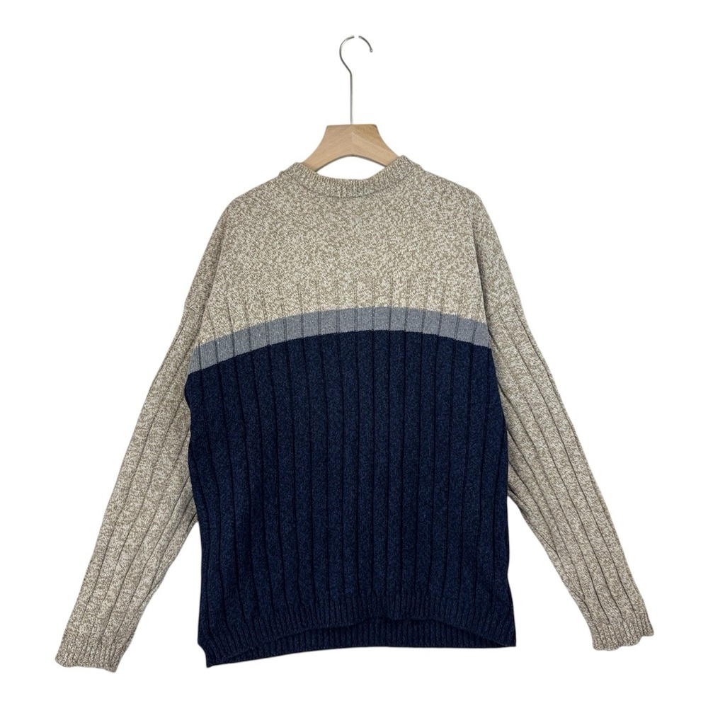 VTG David Taylor Stripe Block Crew Neck Sweater Ribbed XL Pull Over Tan Blue USA